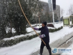 图为小区居民在清理公交站旁树叶积雪 - 安徽新闻网